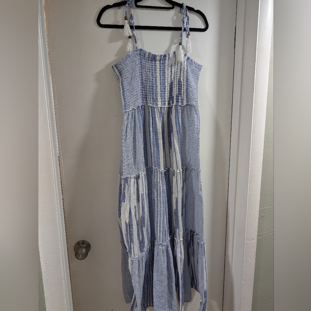 Blue Island Navy and White Tiered Maxi Dress